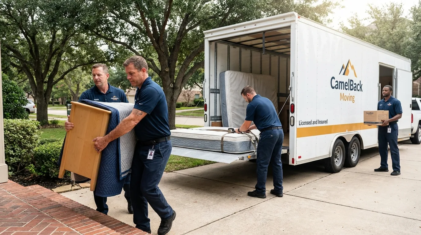 Crew loading residential truck for cross-state move from Spring, TX