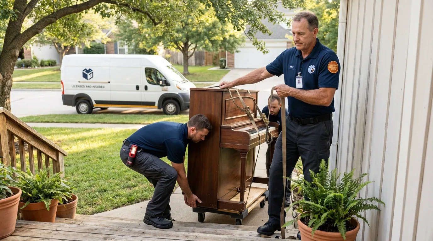 Licensed piano movers securing grand piano in Spring, TX