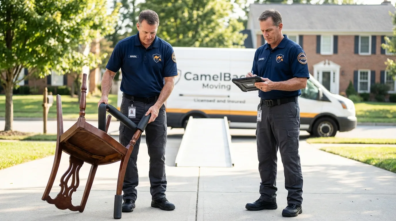 Movers inspecting furniture for damage prevention before loading in Spring, TX