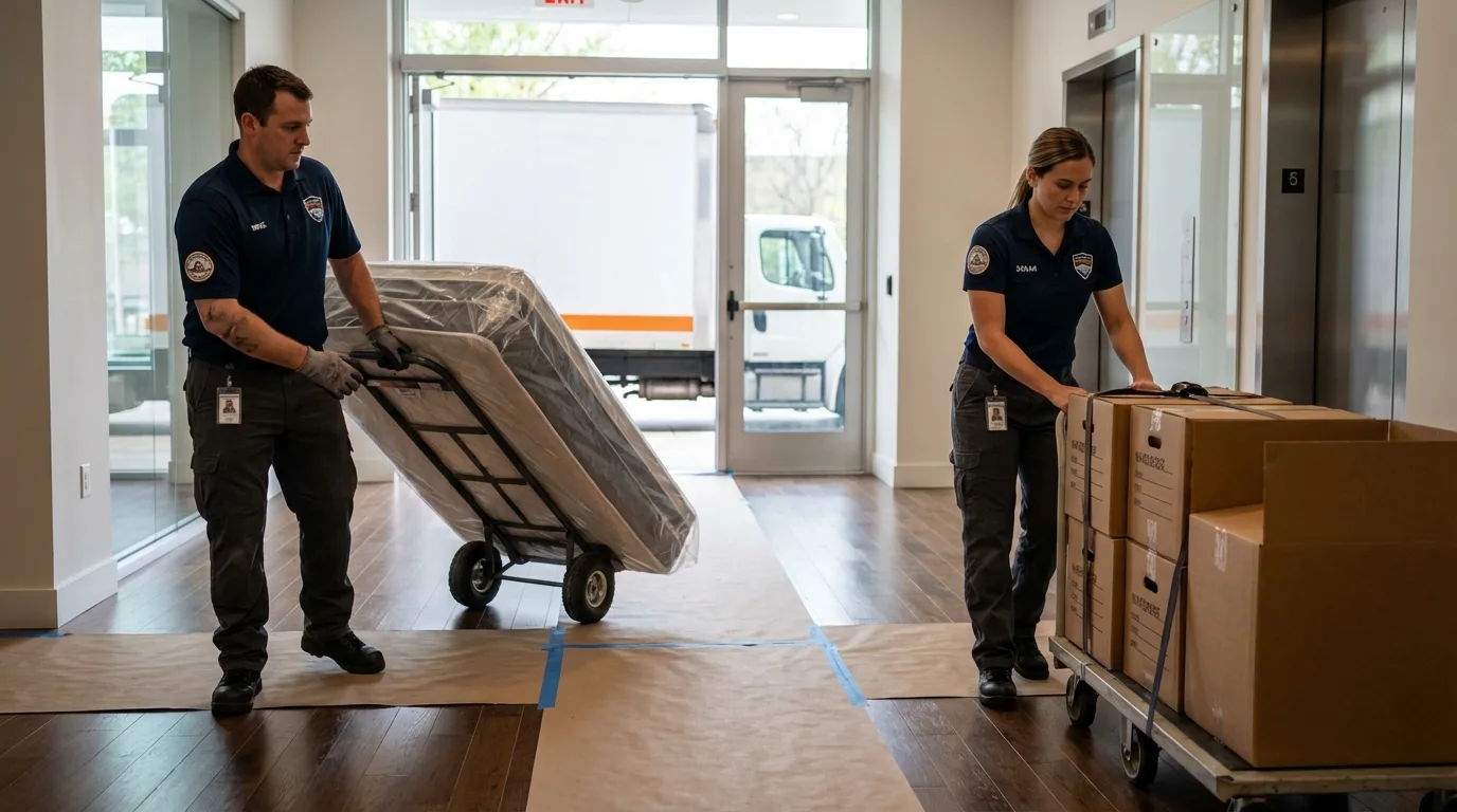 Professional apartment movers loading elevator in Spring, TX