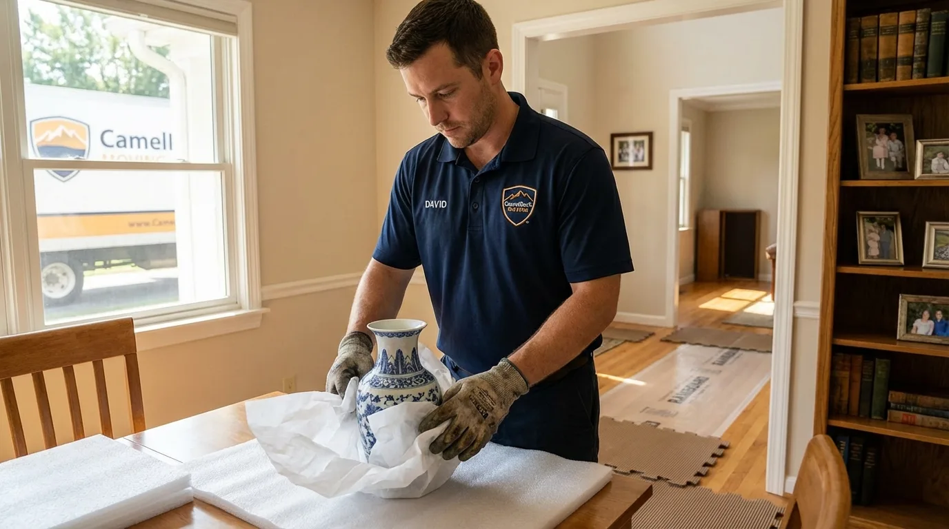 Professional crew carefully wrapping antique vase for senior downsizing move in Spring, TX